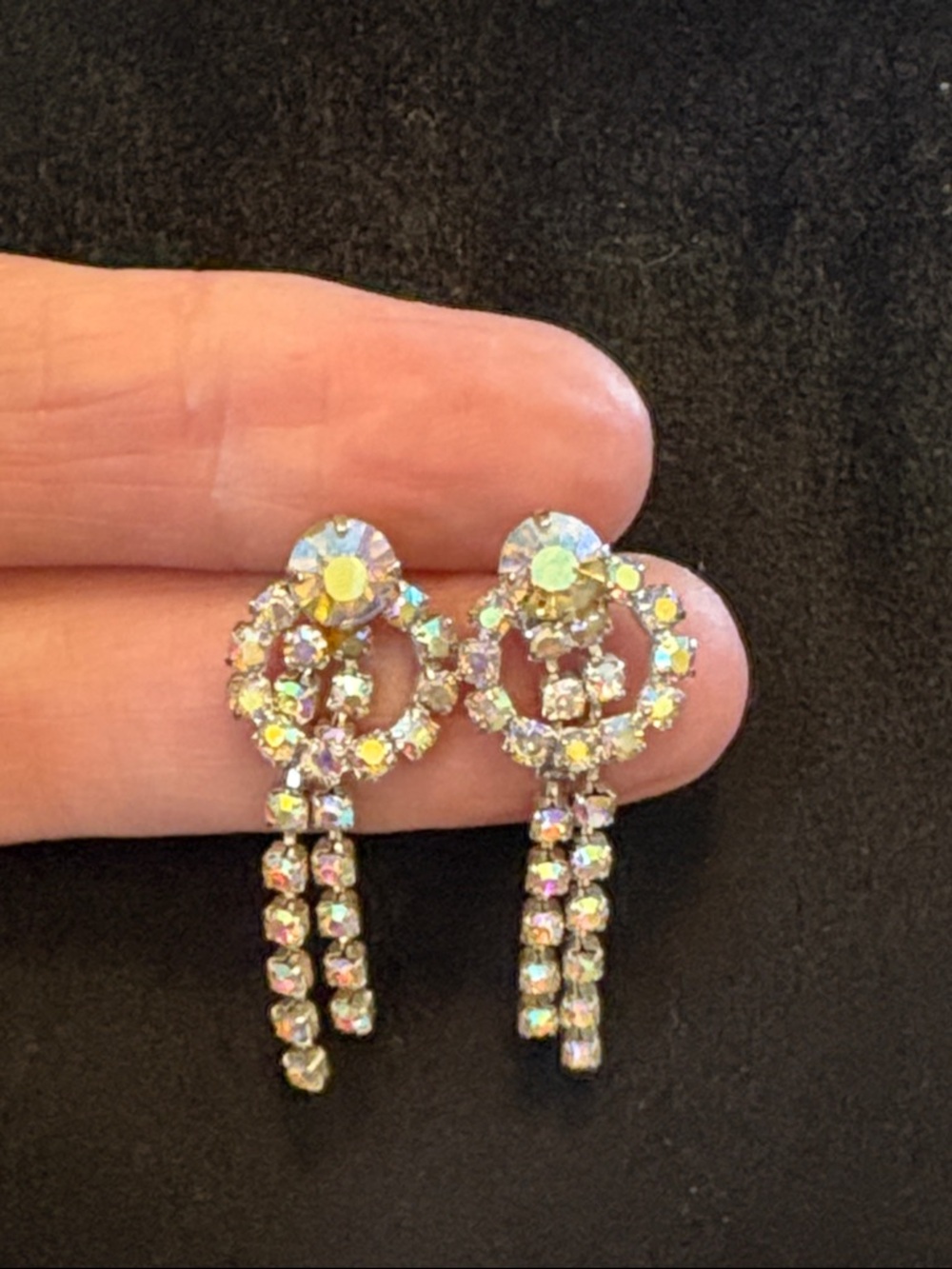 Vintage borealis, crystal drop earrings, silver tone